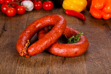 Pork sausages over wooden