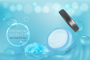 Blue cosmetic container with advertising background ready to use, luxury skin care ad. vector 3d illustration.  