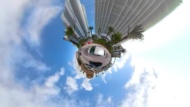Driving Collins Avenue Tiny planet with super tall skyscrapers