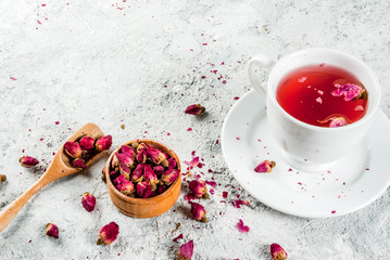 Arab, middle eastern food. Herbal tea with rose buds, copy space
