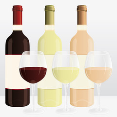 Red, white and rosé wine bottles with crystal transparent wine glasses. Vector presentation illustration.
