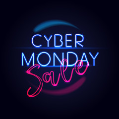Cyber Monday concept banner in modern neon style. Vector illustration.