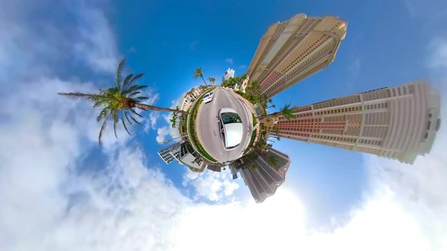 Hyperlapse tiny planet motion driving video aerial view
