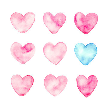 Hand drawn pink watercolor hearts. Valentine's Day design element isolated heart set for greeting cards, wedding invitations and other