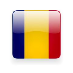 Square glossy icon with national flag of Romania on white background