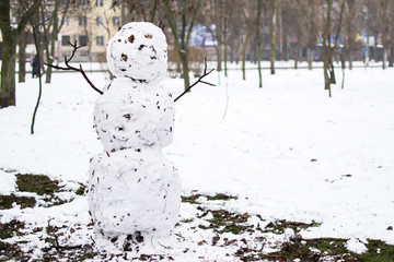 snowman with pieces of dirt and leaves