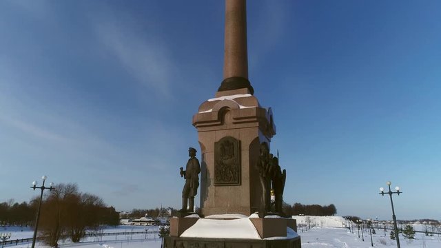 View from a height on the stele with an eagle in honor of the millennium of the city of Yaroslavl. Russia, winter.