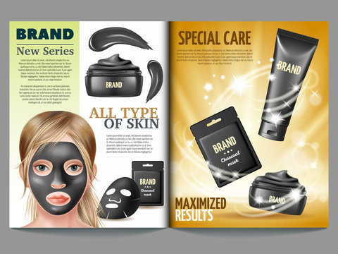 Cosmetic magazine template, black charcoal mask, cream and scrub. Advertising skin care purifying peel-off mask. 3d vector realistic illustration.