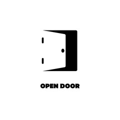 Negative space logo of open door. Black silhouette logotype
