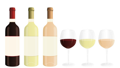 Red, white and rosé wine bottles and glasses banner II. Marketing product. Vector illusration.