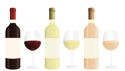 Red, white and rosé wine bottles and glasses banner. Marketing product. Vector illusration.