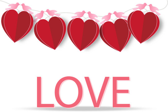 LOVE and HEART isolated on white as happy valentine's day, wedding and paper art concept. vector illustration.