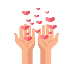 Hands and hearts vcector icon for charity and donation