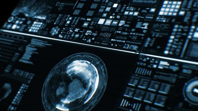 Perspective view of deep blue futuristic interface/Digital screen.Detailed abstract background with blinking and switching indicators and statuses showing work of command center, processing big data, 