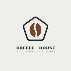 Minimalistic vector logo for coffee shop. Outline logotype with coffee bean and stylized house