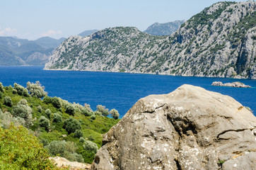 Old ruin Greek culture View Camellia island in Turkey Aegean Sea water rocky coast deserted near Marmaris Ichmeler summer holiday trip panorama landscape paradise