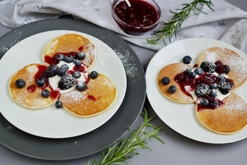 Homemade Pancakes Sour Cream Jam Berries Gray Background Healthy Breakfast
