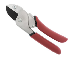 A pair of closed pruning shears isolated on a white background.