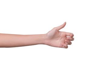 Woman hand holds virtual card or smart phone or something on white background