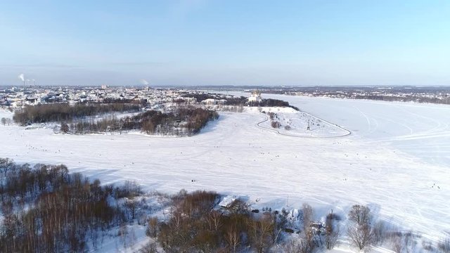 Assumption Cathedral in Yaroslavl. Aero panorama with a view of the Volga River and the central part of the city. Winter.