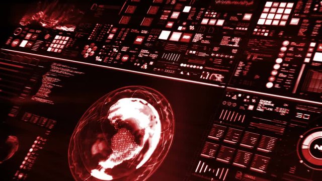 Perspective view of red futuristic interface/Digital screen.Detailed abstract background with blinking and switching indicators and statuses showing work of command center, processing big data, machin
