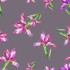 Seamless pattern of irises painted in watercolor.