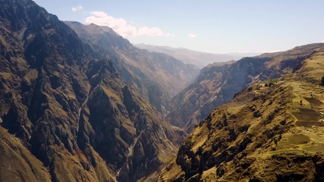 Beautiful still aerial view over the Colca Canyons in the Andes Mountains in Peru