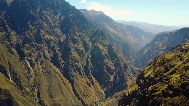 Slow drone aerial flying over the stunning Colca Canyon in Peru