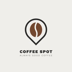 Minimalistic vector logo for coffee shop. Outline logotype with coffee bean and navigation mark 