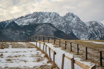 Alpine meadow at frost winter morning