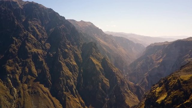 Panorama drone aerial of the mountains along the Colca Canyon valley in Peru