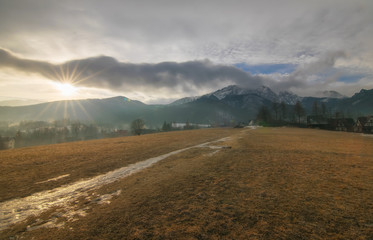 Scenic view of a wonderful mountain valley at the sunrise