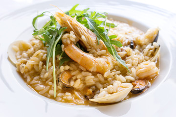 Tasty risotto with Shrimp, fresh herbs vegetables on a white plate