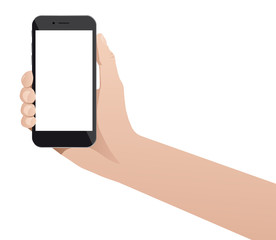 Hand with phone isolated on white background. Vector illustration