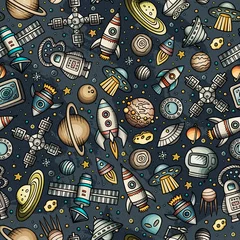 Behang Cartoon handgetekende ruimte, planeten naadloos patroon © balabolka