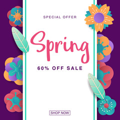 Spring sale banner with paper flowers for online shopping, advertising actions, magazines and websites