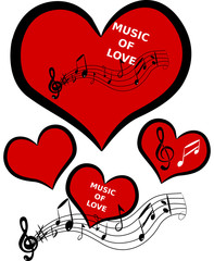 Muzyka miłości kilka serc czerwono czarnych z białymi napisami . Nuty pięciolinia .
Jing Jang 