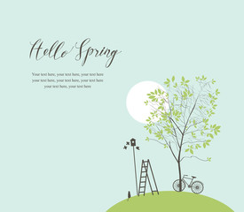 Vector banner with handwritten inscription Hello Spring and place for text. Spring landscape with green tree, bike, birds, birdhouse and ladder