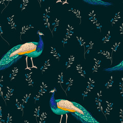 Seamless pattern with peacock and blueberry. Vintage vector illustration in watercolor style