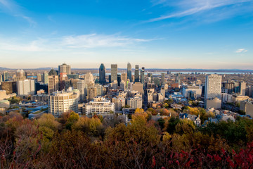 Montreal skyline from the Mont-Royal parc point of view at the end of fall with a bright blue sky.