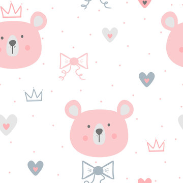 Cute seamless pattern for children. Repeated faces of bears, hearts, crowns, bows and polka dots. Drawn by hand.