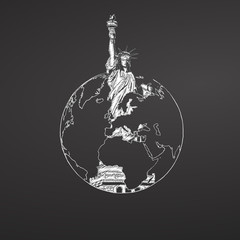 Liberty Statue and Globe on Chalkboard