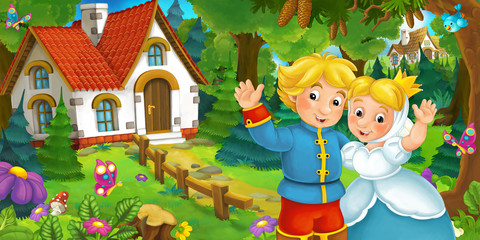 cartoon scene with happy married couple standing and smiling in the forest near the cottage - illustration for children