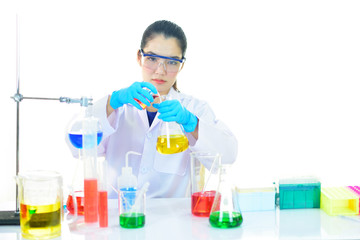 Fototapeta premium Asian female medical technologist working with chemical in research laboratory 