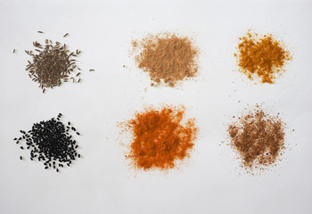 many spices including Ginger Curry Turmeric Chili pepper Black cumin Nigella sativa