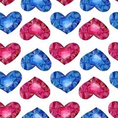 Seamless pattern with watercolor hearts. Polygon blue and red hearts. Background with hearts. Great for Valentine's Day, Mother's Day, wedding, scrapbook, surface textures.