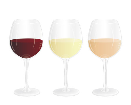 Three transparent crystal wine glasses filled with red, white and rosé wine. Vector illustration.