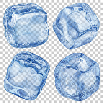 Set of realistic translucent ice cubes in blue color on transparent background. Transparency only in vector format