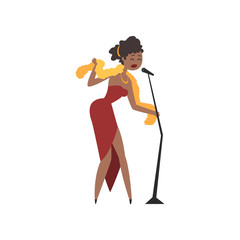 African American female soul singer in red dress singing into microphone vector Illustration