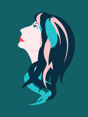 Vintage girl's face looking up, with red lipstick and dark hair with green and pink accents, isolated vector illustration on dark background - 192183981